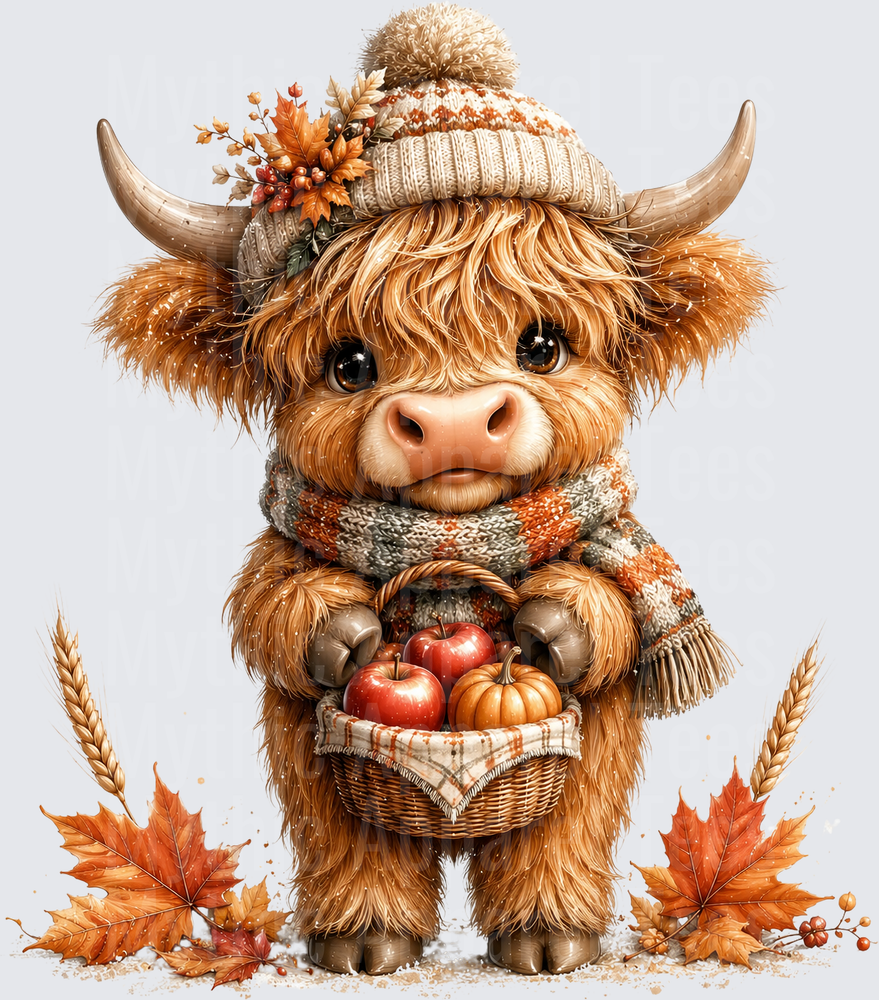 Cute Baby Highland Cow Wearing Knit Beanie with Fall Florals Holding Harvest Basket with Apples and Pumpkin Surrounded by Autumn Maple Leaves