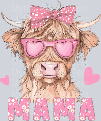 Mama DTF Highland Cow with Hearts and Pink Heart Glasses DTF Valentines Day Transfers