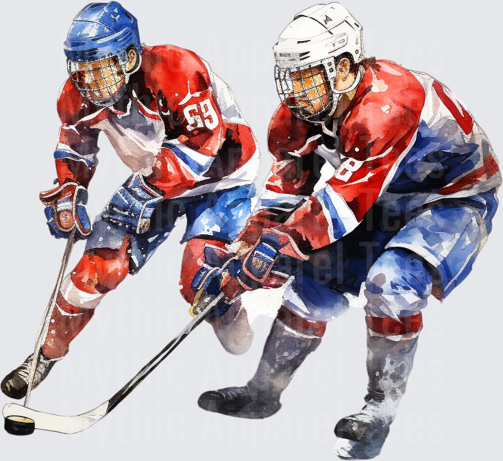 Ice Hockey Two Players Red Blue Jersey Watercolor Action Art
