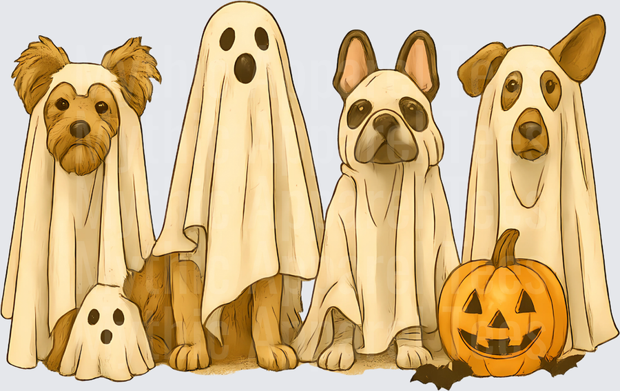 Four Dogs in Ghost Sheet Costumes with Jack-o-Lantern and Tiny Ghost Halloween Squad