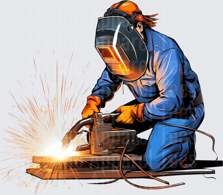 Female Welder in Blue Coveralls with Welding Mask and Orange Gloves Throwing Sparks