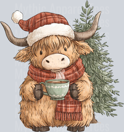 Cute Highland Cow Wear Santa Hat & Drink Coffee Merry Xmas Long Sleeve T-Shirt