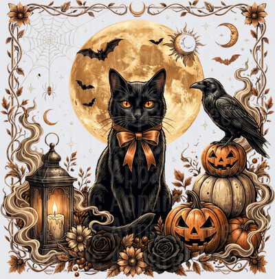 Vintage Halloween Black Cat with Orange Bow Tie Full Moon Raven Stacked Jack-O-Lanterns Lantern Candle Spider Web Sun Moon Floral Gothic Border