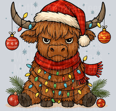 Christmas Highland Cow Tangled Lights Funny Holiday T-Shirt