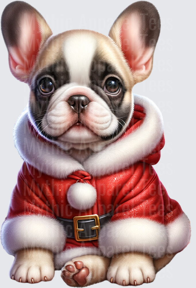 Adorable French Bulldog Puppy Wearing Santa Claus Suit with Gold Belt Buckle and White Fur Trim