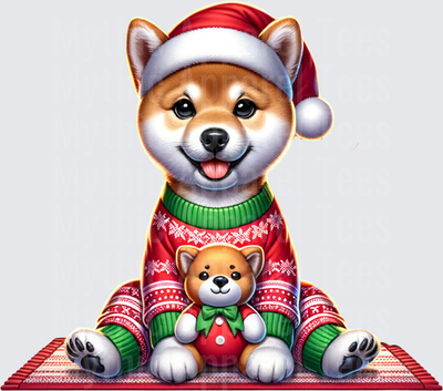 Cute Shiba Inu Puppy in Santa Hat and Christmas Ugly Sweater Holding Mini Shiba Plush Toy