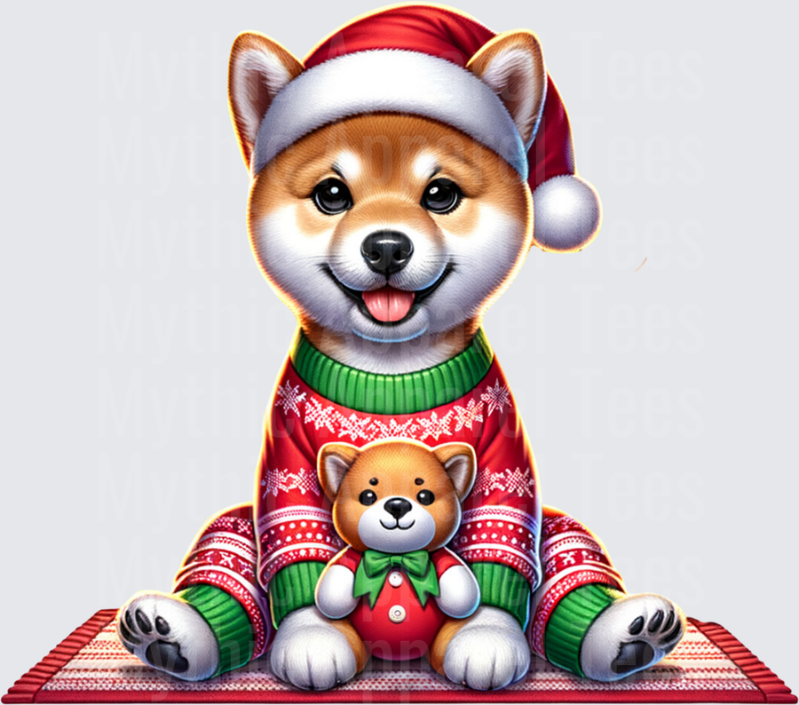 Cute Shiba Inu Puppy in Santa Hat and Christmas Ugly Sweater Holding Mini Shiba Plush Toy