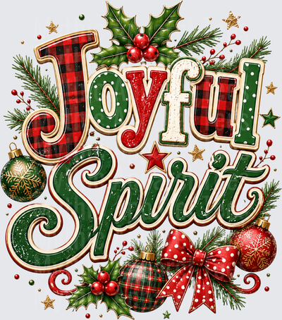 Joyful Spirit Buffalo Plaid Christmas Typography with Holly Ornaments and Polka Dot Bow