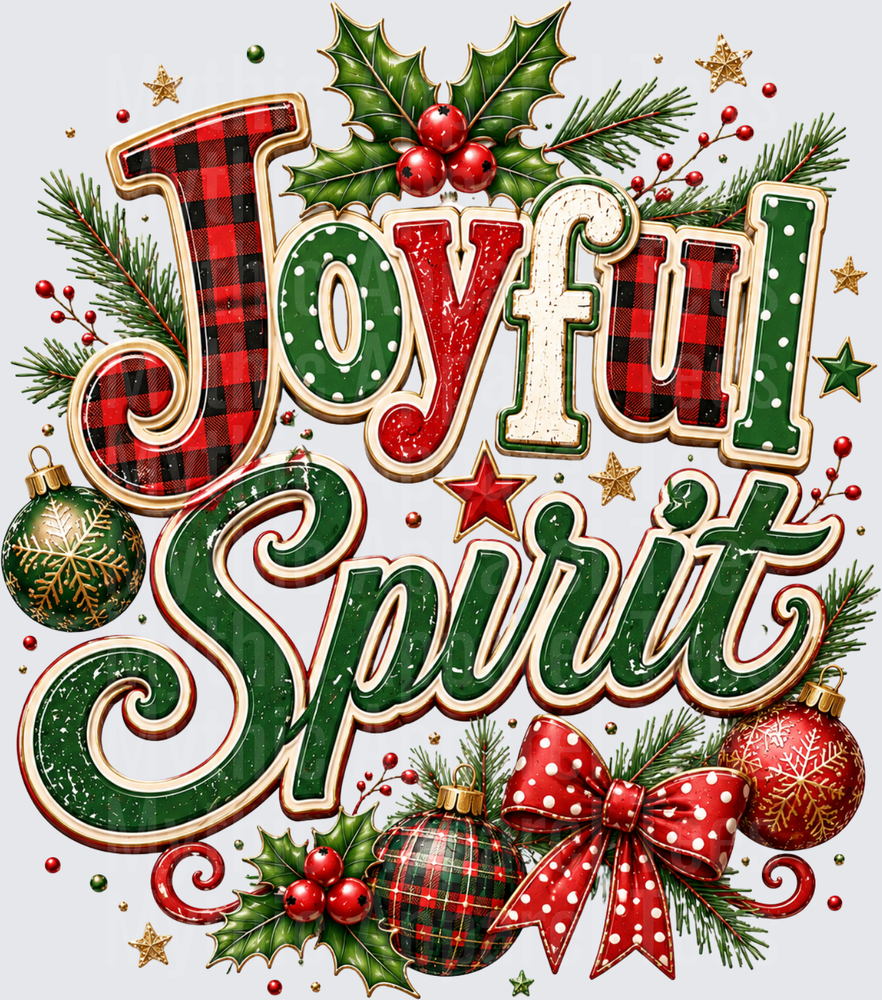 Joyful Spirit Buffalo Plaid Christmas Typography with Holly Ornaments and Polka Dot Bow