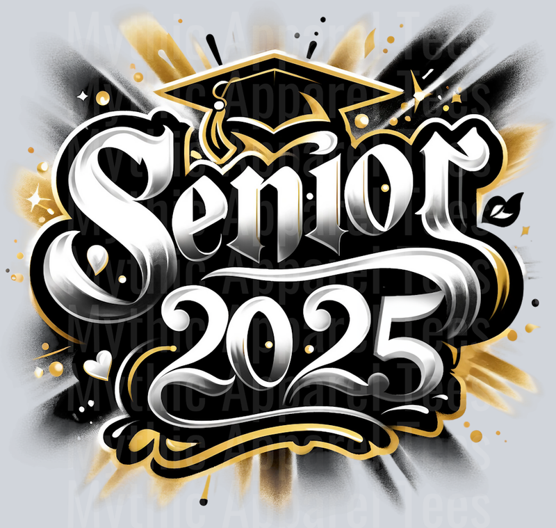 0038 Senior 2025 Airbrushed Black gold and white DTF 2025 Senior Graduation Transfers