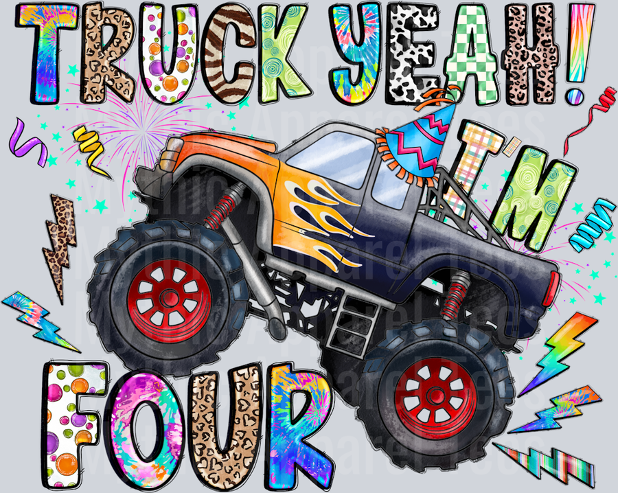 Truck Yeah Four DTF Birthday Boy Transfers