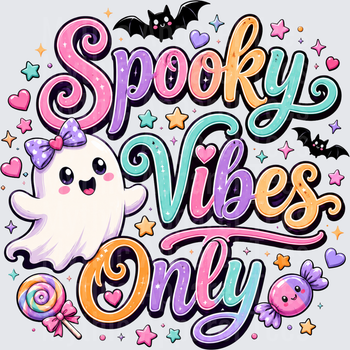 Spooky Vibes Only Pastel Halloween Cute Ghost with Bow Bats Candy Stars