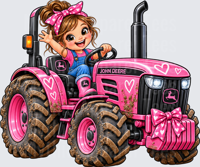 Tractor Cute Farm Girl Waving on Pink John Deere Tractor with Hearts and Bow Valentine's Day