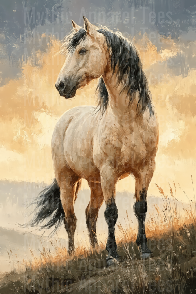 Majestic Buckskin Horse Standing in Golden Meadow Oil Painting Style