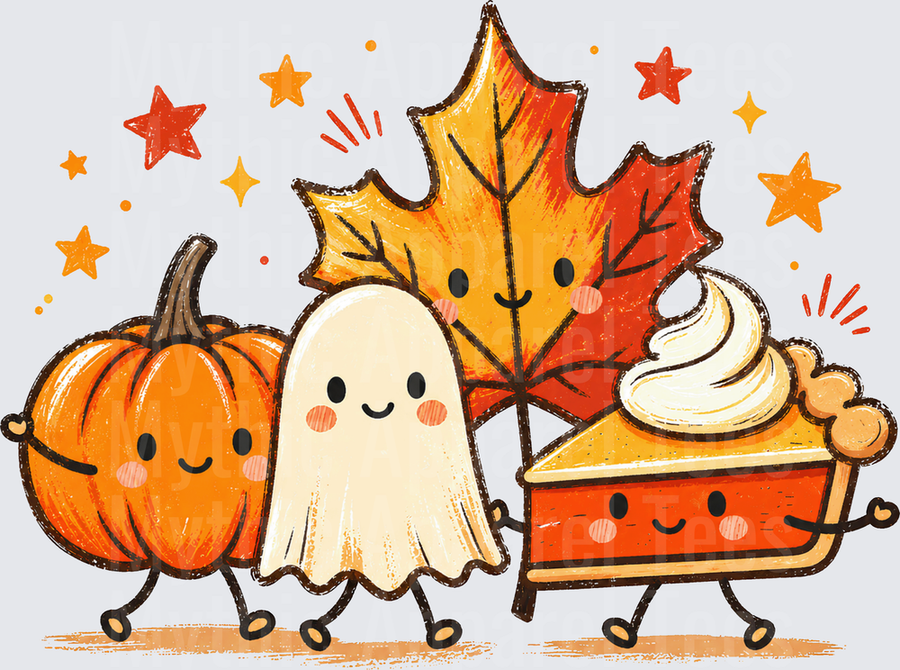 Fall Designs Cute Kawaii Halloween Friends Pumpkin Ghost Maple Leaf and Pumpkin Pie Slice with Stars