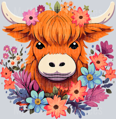 Precious Highland Cow with blue and red flowers DTF Highland Cow Transfers
