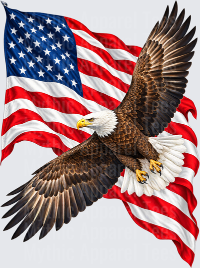 Eagle Soaring Bald Eagle with Wings Spread Over Waving American Flag Patriotic USA