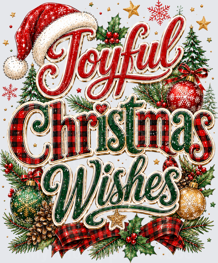 Joyful Christmas Wishes Buffalo Plaid Santa Hat Holly Ornaments Gold Stars Festive Holiday Design