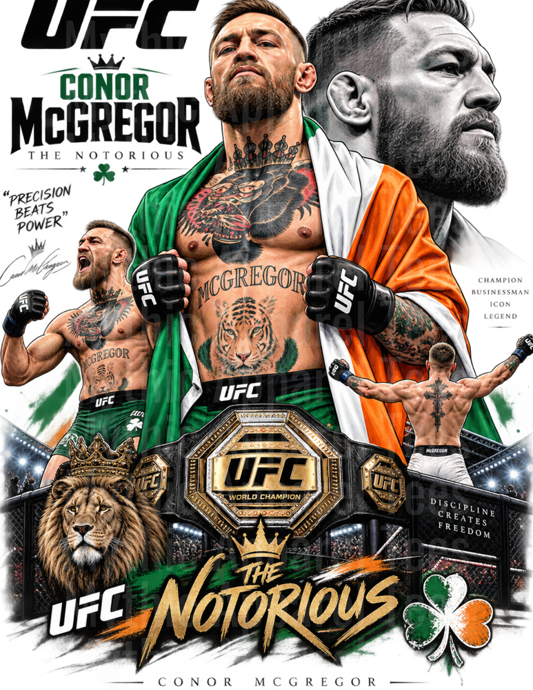 Conor McGregor The Notorious UFC World Champion Irish Flag Tattoos Lion Championship Belt Collage