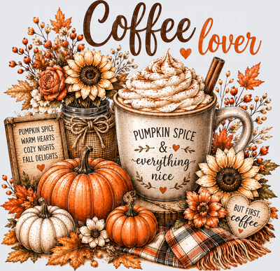 Coffee Lover Pumpkin Spice And Everything Nice Fall Autumn Sunflowers Pumpkins Whipped Cream Latte Cozy Seasonal