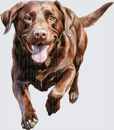 Watercolor Chocolate Labrador Running Toward You with Tongue Out and Bright Amber Eyes