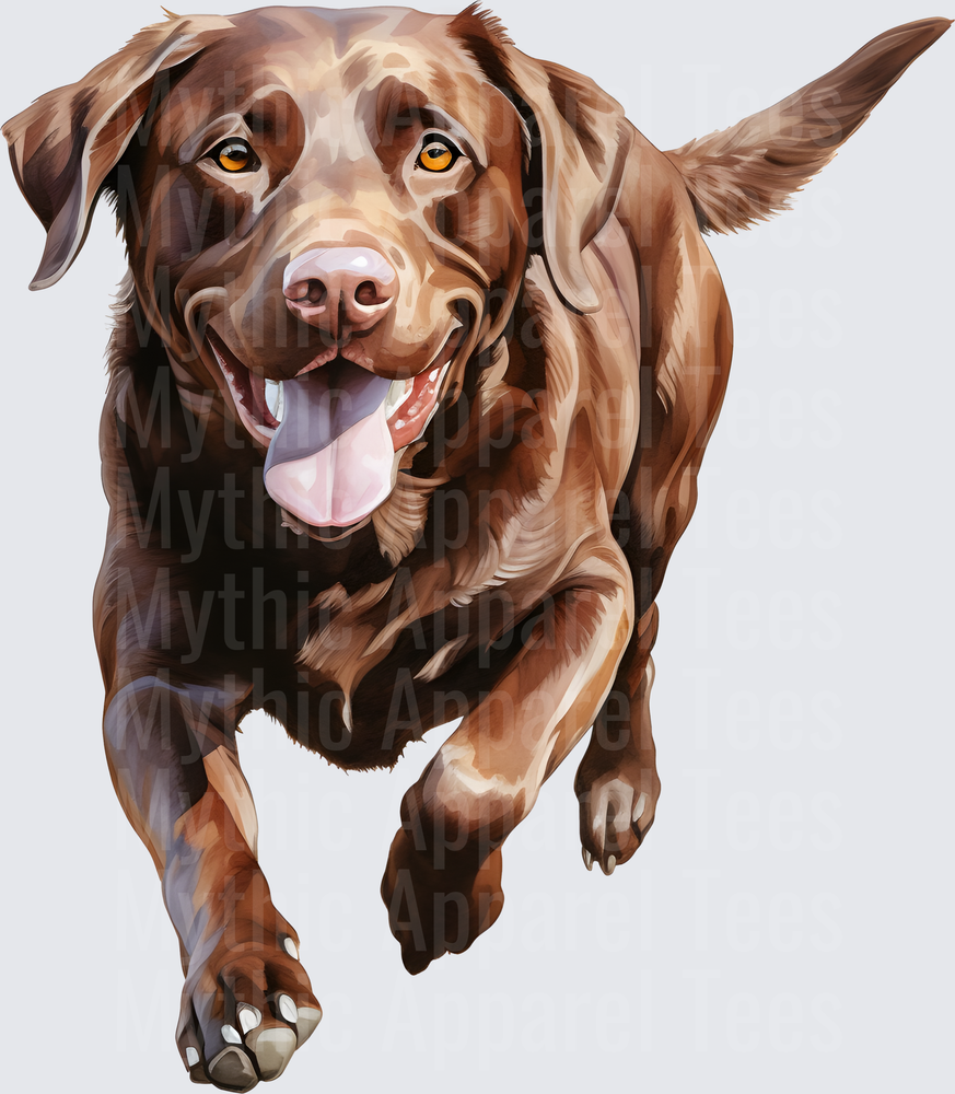 Watercolor Chocolate Labrador Running Toward You with Tongue Out and Bright Amber Eyes