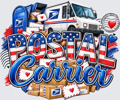 Patriotic Postal Carrier Design with USPS Mail Truck Blue Mailbox Packages and Heart Envelopes Stars and Stripes Background