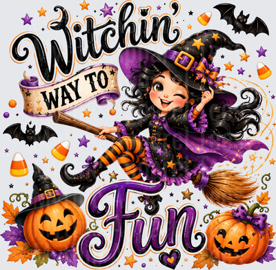 Witchin' Way To Fun Cute Witch Girl On Broomstick With Jack-O-Lanterns Bats Candy Corn Stars Halloween