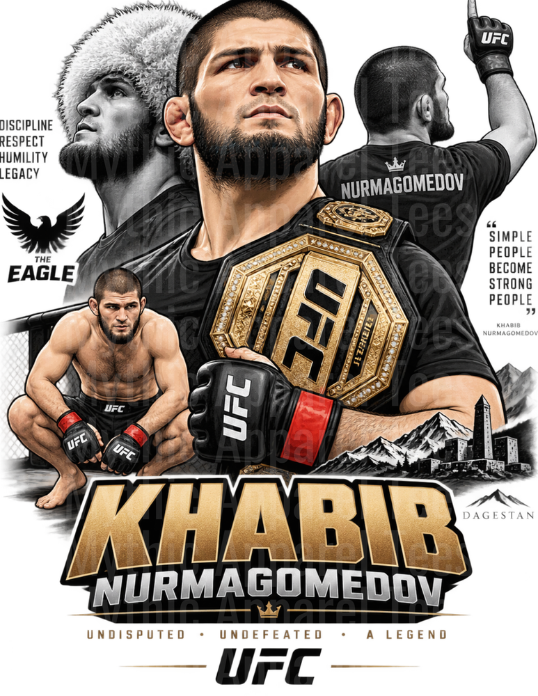 Khabib Nurmagomedov The Eagle Undisputed Undefeated UFC Champion Legacy Tribute Collage with Dagestan Mountain Background and Simple People Become Strong People Quote