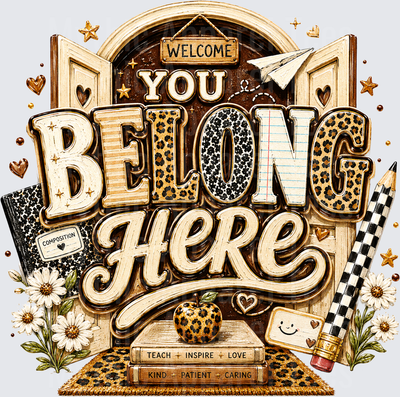 Welcome You Belong Here Teacher Leopard Print Classroom Door Boho Daisy Composition Notebook Checkered Pencil Teach Inspire Love Kind Patient Caring