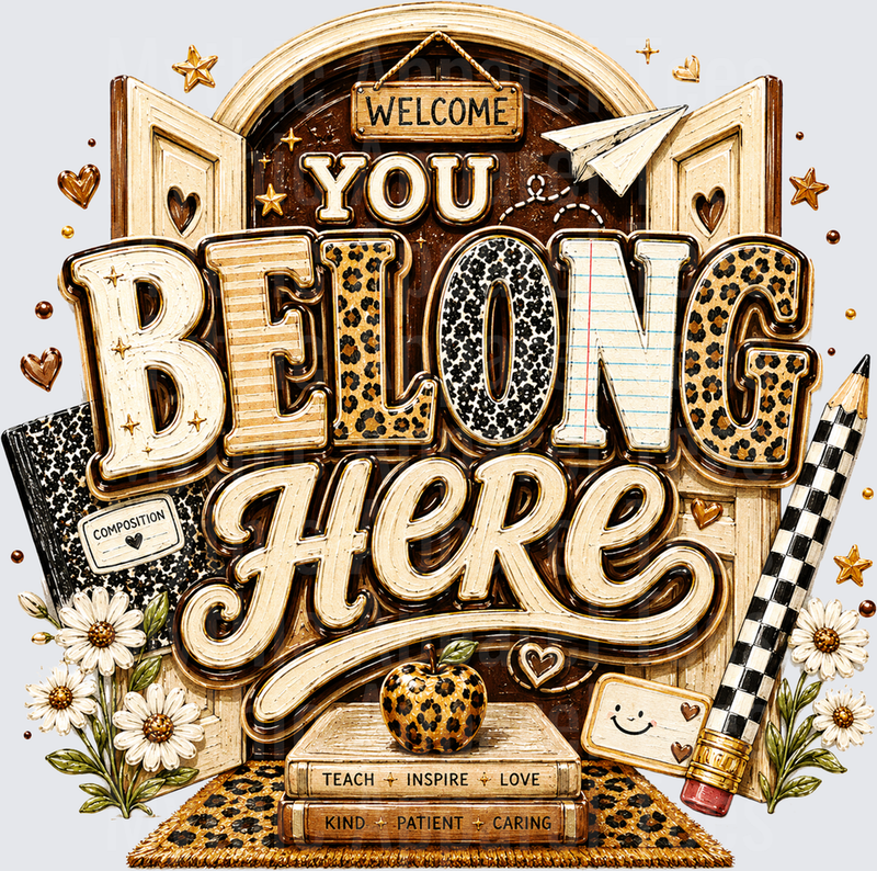 Welcome You Belong Here Teacher Leopard Print Classroom Door Boho Daisy Composition Notebook Checkered Pencil Teach Inspire Love Kind Patient Caring