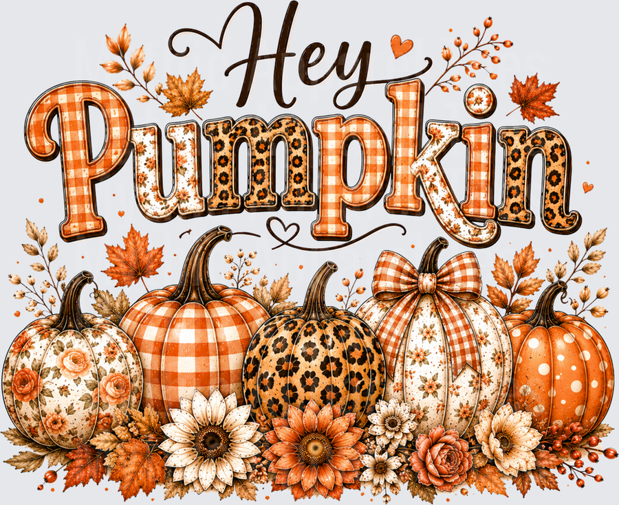Hey Pumpkin Fall Autumn Patterned Pumpkins with Leopard Print Plaid Floral Sunflowers and Maple Leaves