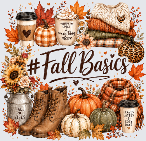 #Fall Basics Pumpkin Spice Everything Nice Leaves Lattes Cozy Days Autumn Collage with Pumpkins Boots Sweaters Plaid Scarf Coffee Cups Sunflowers Fall Vibes