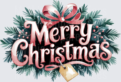 Merry Christmas Watercolor Typography with Pine Branches Red Bow Berries and Gift Tag