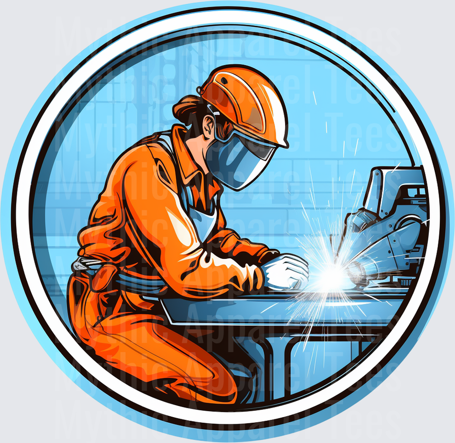 Female Welder in Orange Safety Gear Welding with Sparks Flying Circle Badge Design