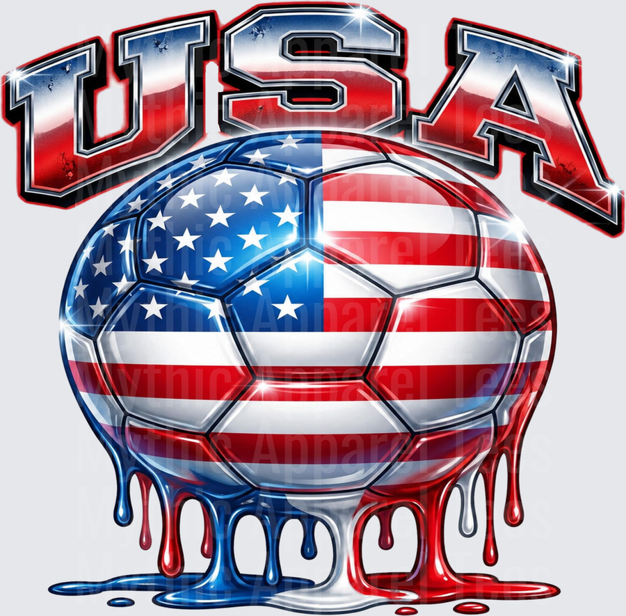 USA Soccer Ball American Flag Dripping Red White Blue Patriotic Bold Arched Text