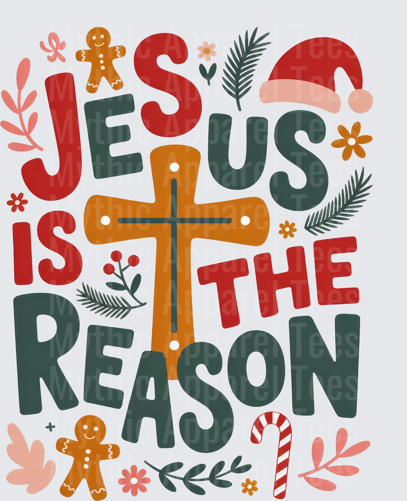Jesus Is The Reason for the Season Christmas Cross with Gingerbread Men Santa Hat and Candy Cane Holiday Faith Design