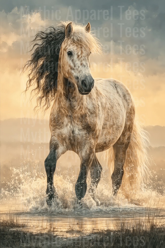 Majestic Dun Horse with Flowing Black Mane Charging Through Water at Golden Sunset