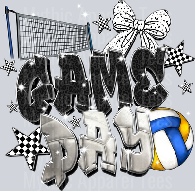 Game day Volleyball with glitter bow and net cute DTF Sports Transfers