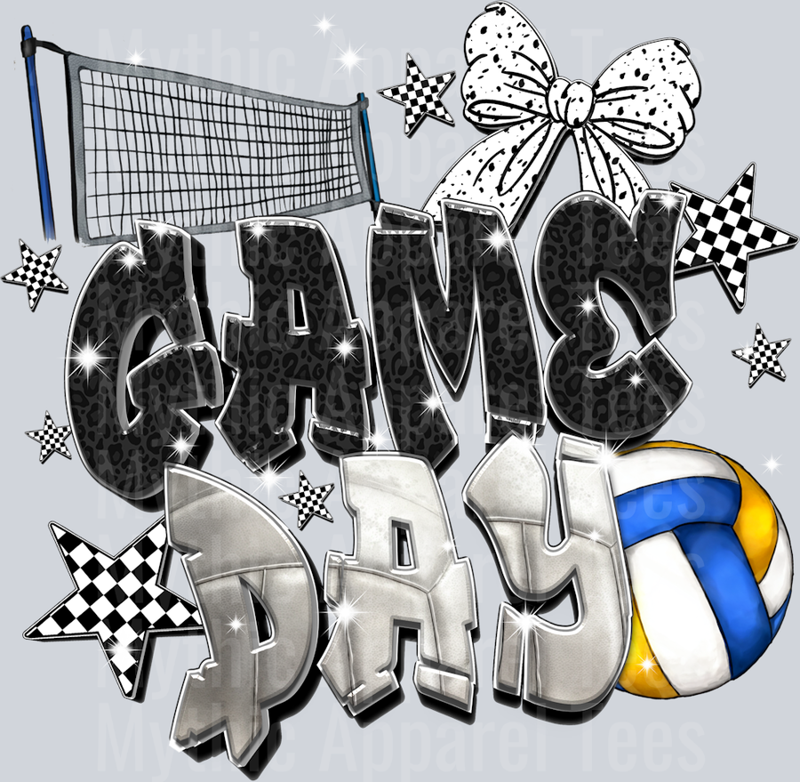 Game day Volleyball with glitter bow and net cute DTF Sports Transfers
