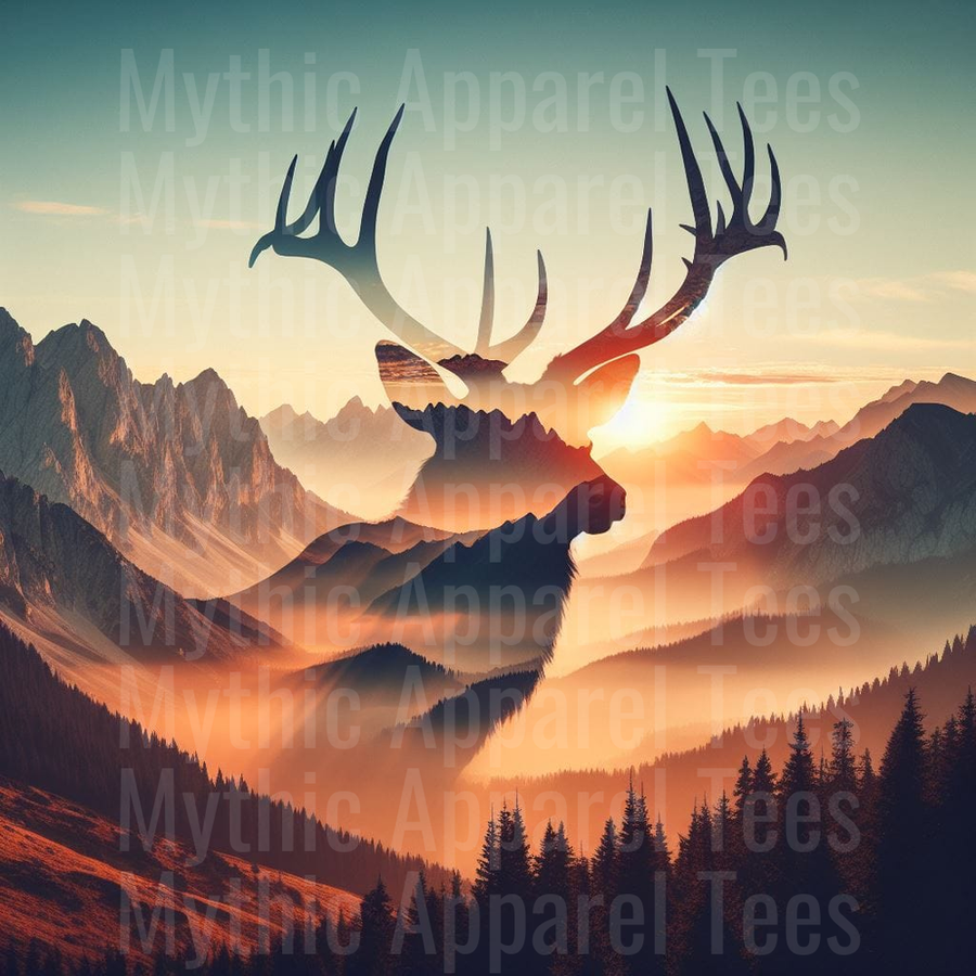 Double Exposure Bull Elk Silhouette Mountain Sunrise Forest Landscape