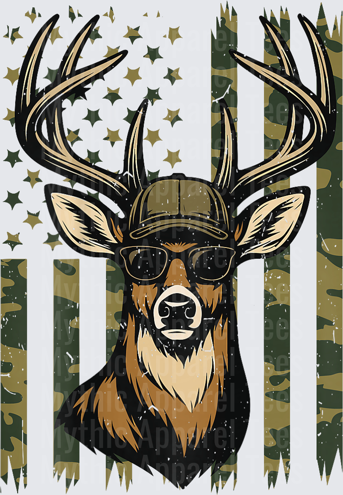 Camo American Flag Buck Deer With Sunglasses And Cap