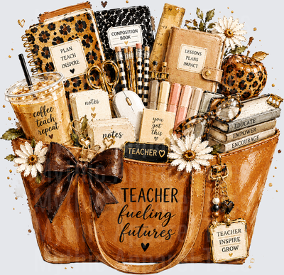 Teacher Fueling Futures Leopard Print Tote Bag with Coffee Cup Books Pencils Daisies and Inspirational School Supplies