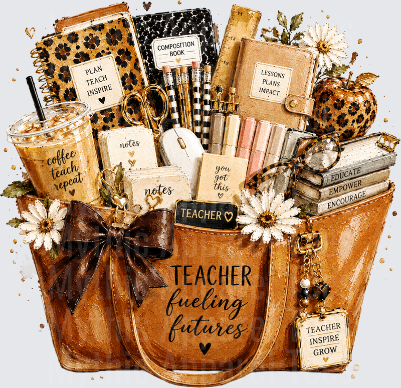 Teacher Fueling Futures Leopard Print Tote Bag with Coffee Cup Books Pencils Daisies and Inspirational School Supplies