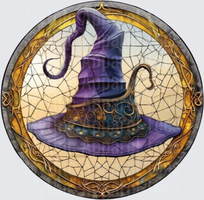 Purple and Teal Ornate Witch Hat Stained Glass Circle Design with Gold Celtic Border