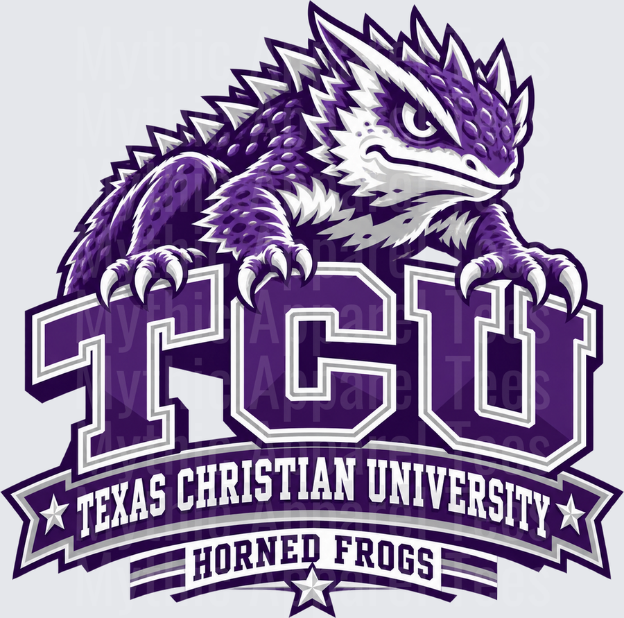 TCU Horned Frogs Texas Christian University Mascot Logo Purple and White with Spiked Lizard Clinging to Block Letters