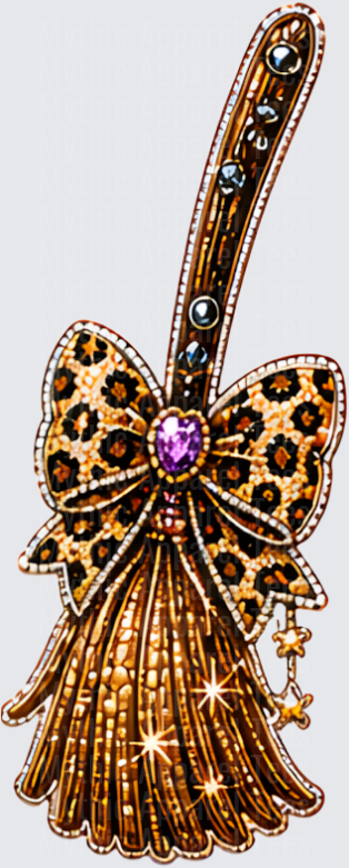 Halloween Bling Jeweled Witch Broom with Leopard Print Bow and Purple Heart Gemstone Rhinestone Embellished Design
