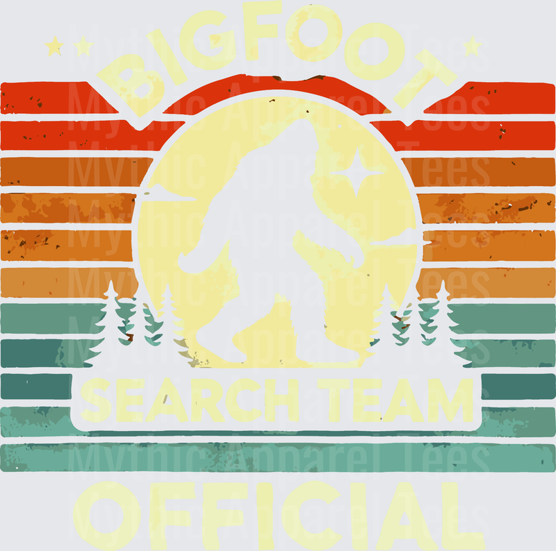 Bigfoot Search Team Official Retro Sunset Sasquatch Silhouette with Pine Trees Vintage Stripes