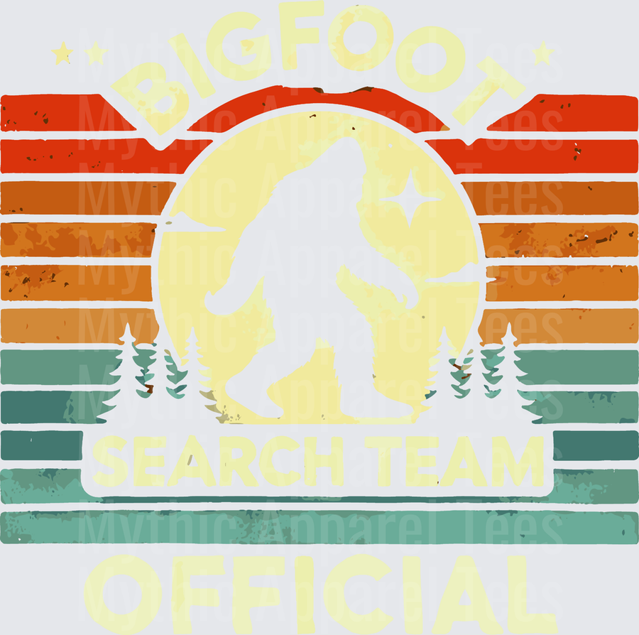 Bigfoot Search Team Official Retro Sunset Sasquatch Silhouette with Pine Trees Vintage Stripes