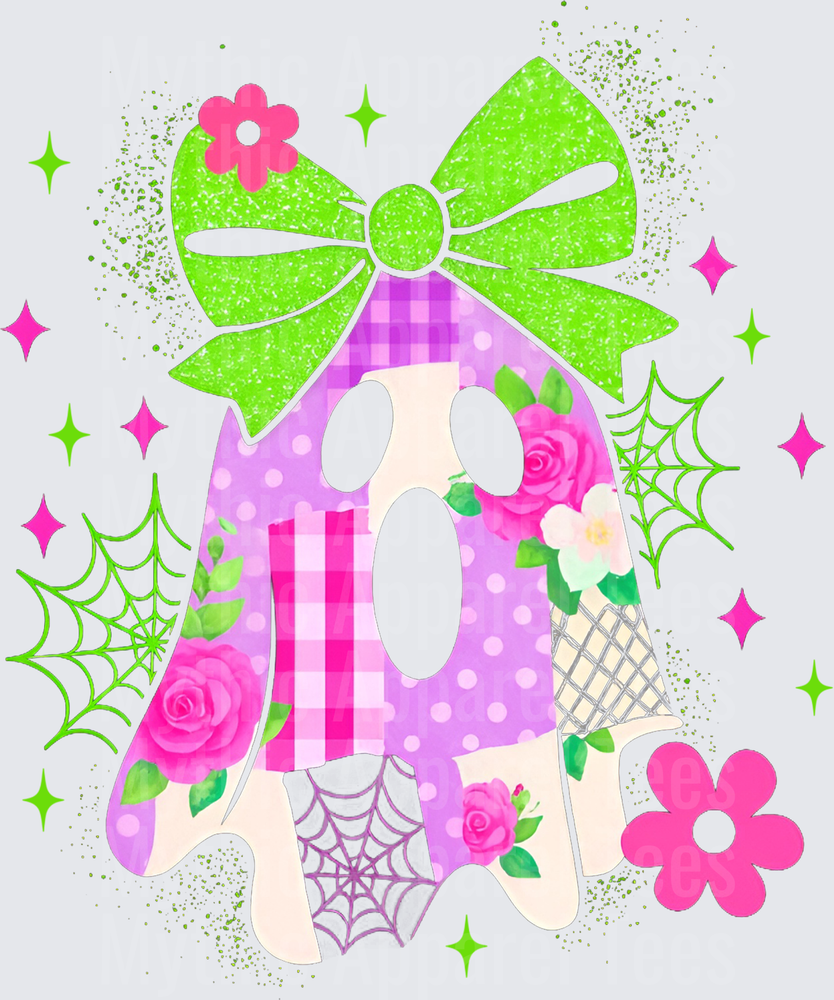 Halloween Coquette Ghost with Lime Green Glitter Bow Pink Roses Spider Webs and Retro Floral Details